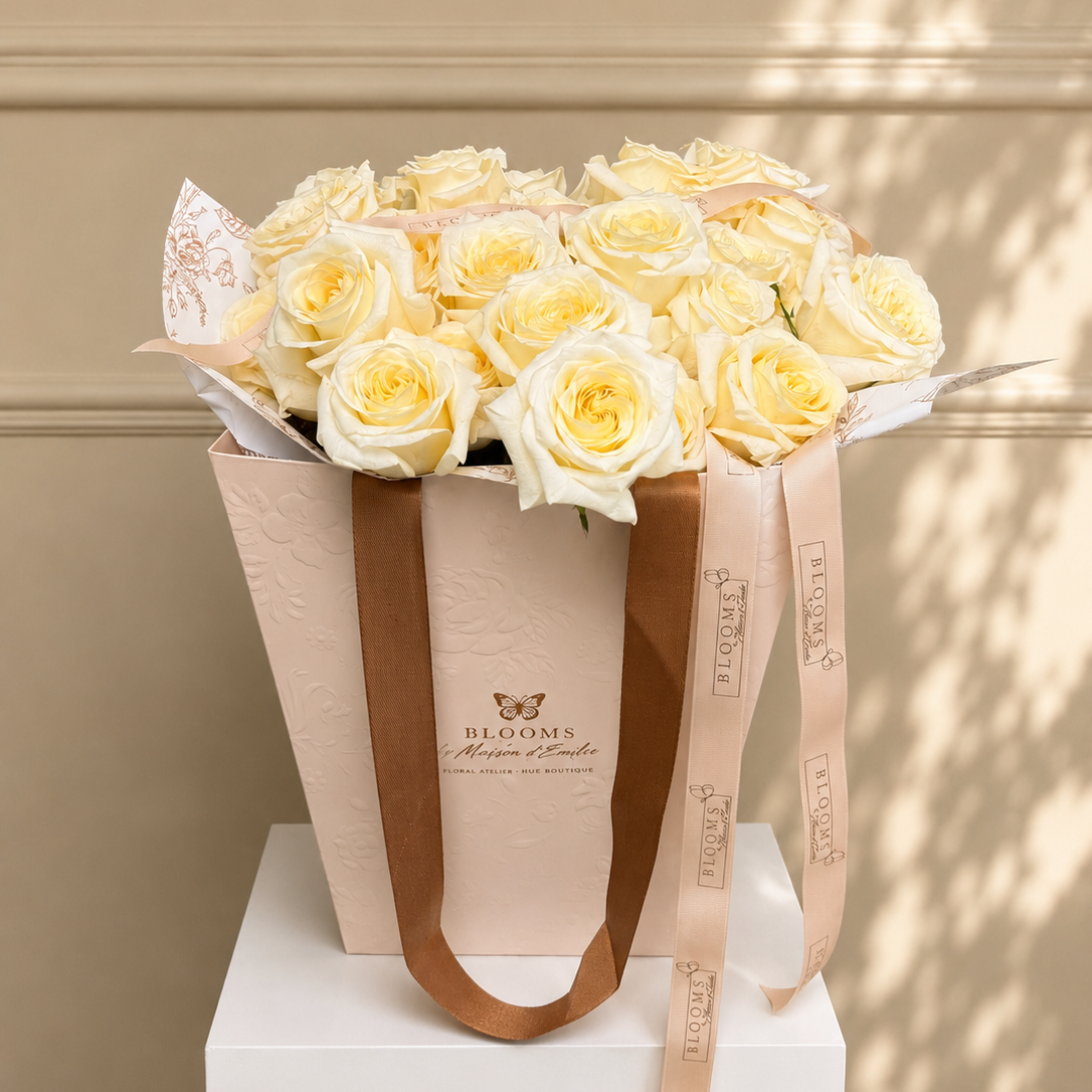 Luxury White Rose Tote Bouquet Los Angeles | Ivory Roses Delivery